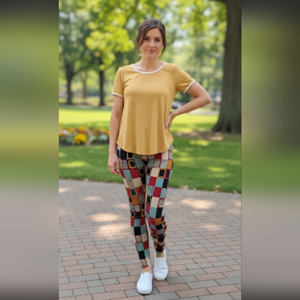 LuLaRoe Mustard Top with Multicolor Geometric Leggings